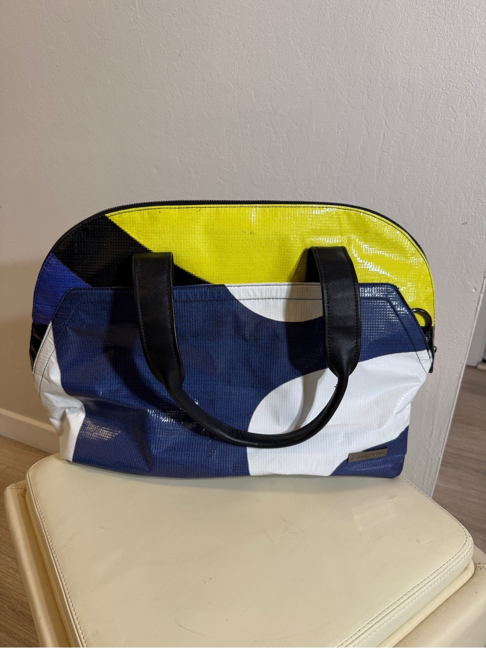 Rareform Recycled Billboard Duffel/Tote Bag — One of a Kind, Blue/White/Yellow